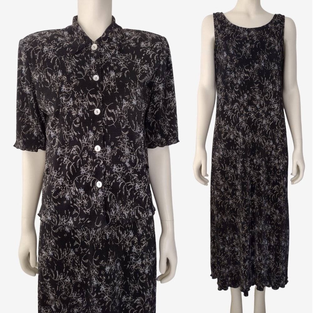 Vintage 1990s Black 2 Piece Crinkle Pleat Sleeveless Maxi Dress Jacket Set